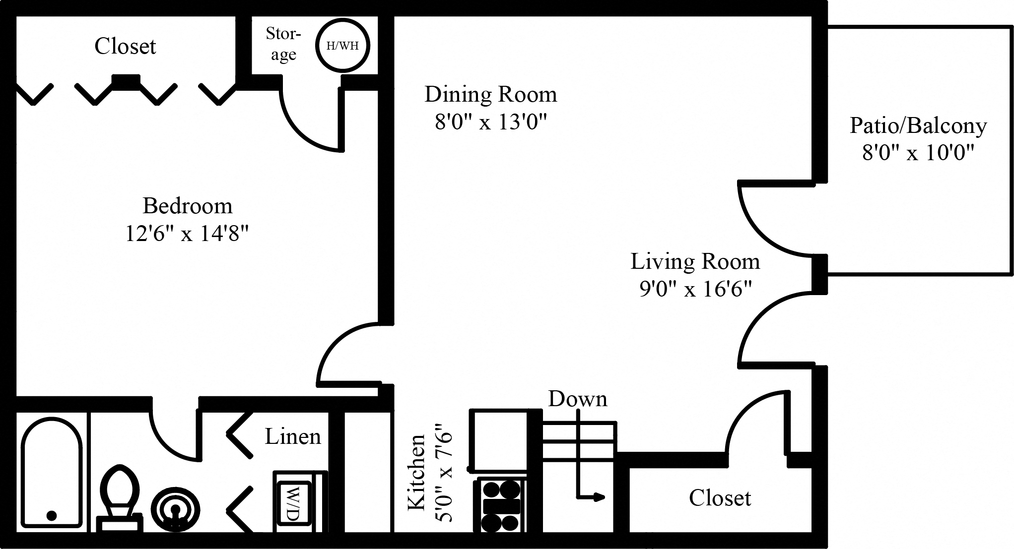 Floor plan for 1 bed, 1 bath, 656 sqft